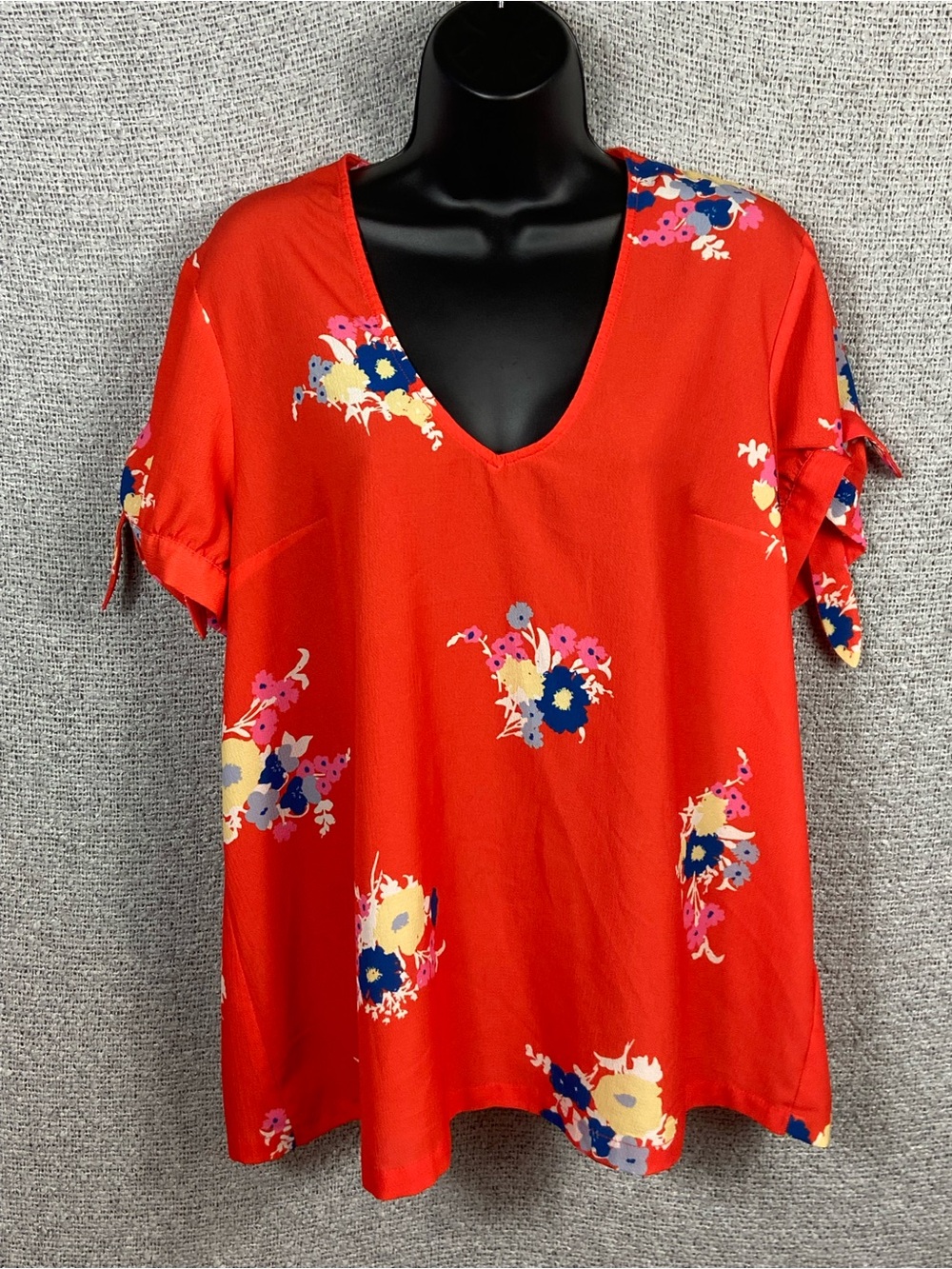 ModCloth Bright Red Floral V-Neck Women's Top Tied Short Sleeves XL Retro Boho